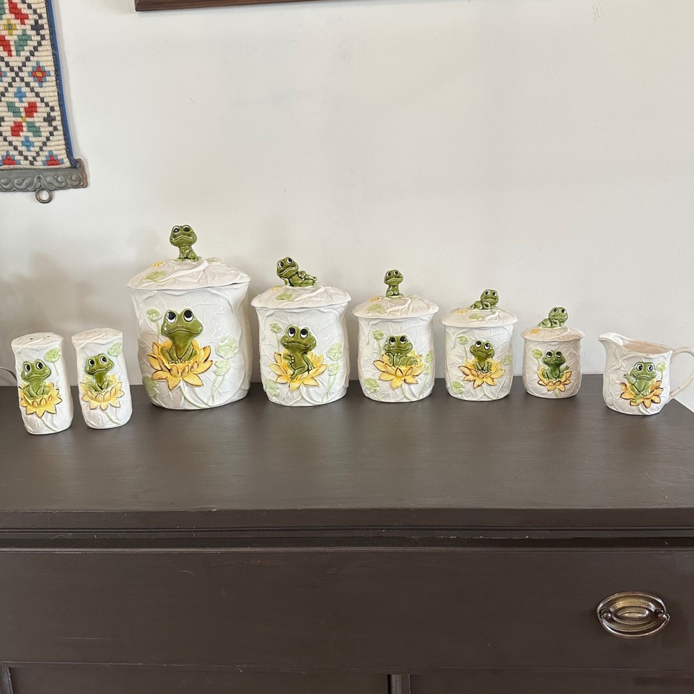 VTG Sears Roebuck Neil the Frog Ceramic Canister Set 8pc Creamer Salt Pepper MCM